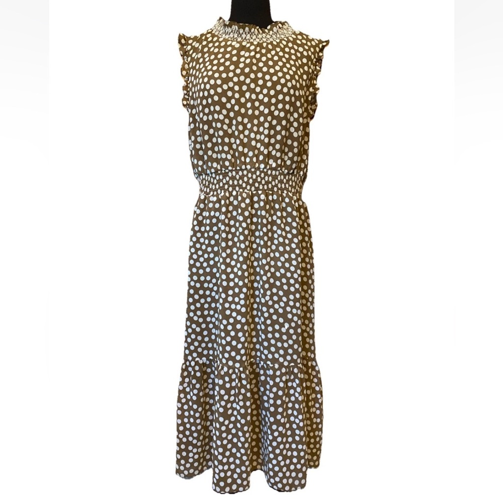J.Crew Brown & White Polka Dot Midi Dress Smocked Collar & Waist Size Large